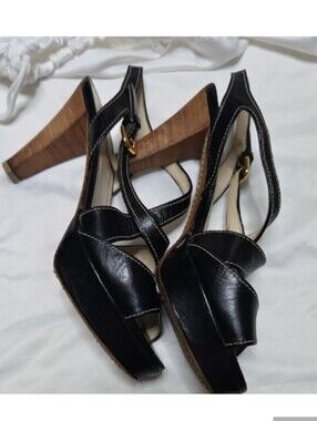 Prada Black Leather Slingback Platform Sandals with Wood-Effect Block Heel